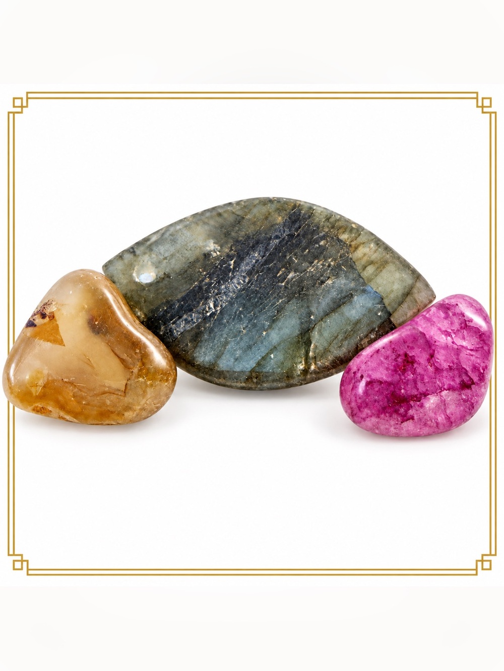 Trio of Natural Stones Labradorite Jasper Pink Crackle Quartz Trio